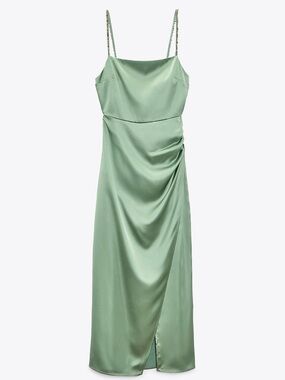 Zara Sage Green Satin Slip Dress with Beaded Straps